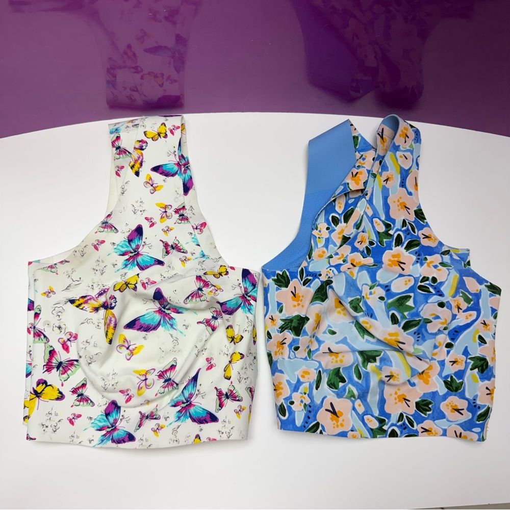 knix Floral & Butterfly Print Sports Bra Set in White, Blue, Turquoise